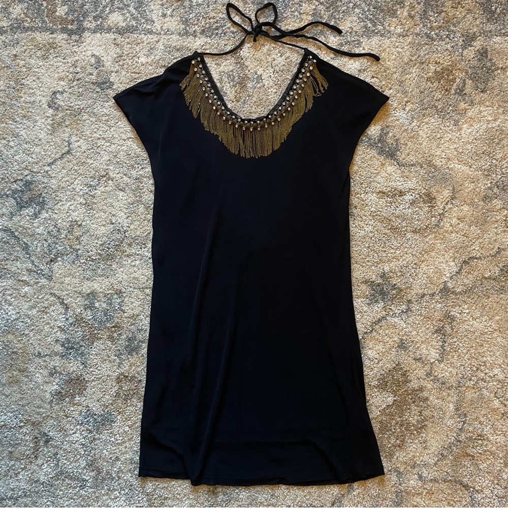 Alice + Olivia slinky black top with rhinestone & gold beading/tassels